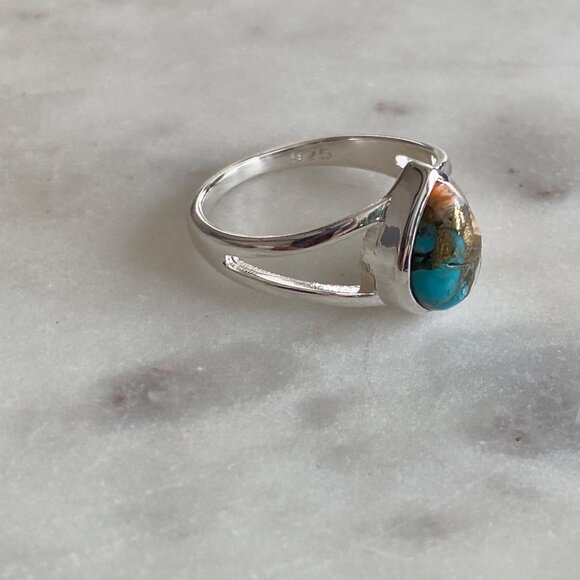 NEW Teardrop Spiny Oyster Turquoise and Sterling Silver Ring Size 7 - Picture 2 of 5